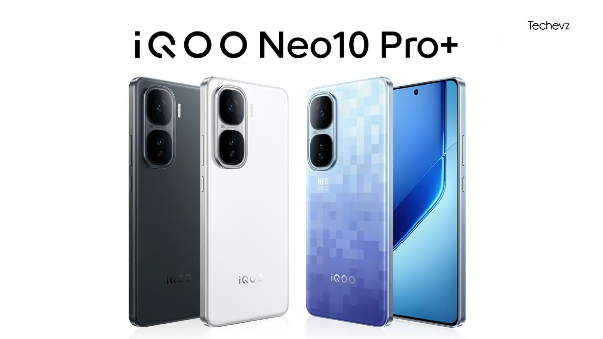iQOO Neo 10 Pro+ smartphone in Black Shadow, Chi Guang White, and Super Pixel colors showcasing sleek design and vibrant display