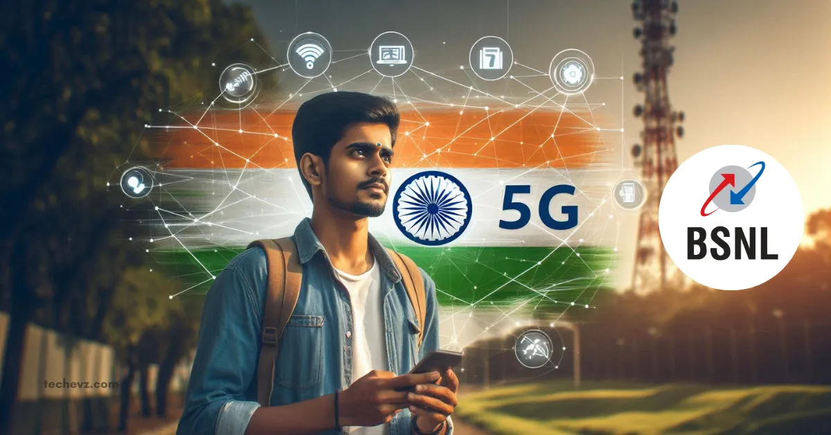 Young Indian using smartphone with BSNL 5G signal icon and tower in the background, symbolizing BSNL 5G launch in 2025.